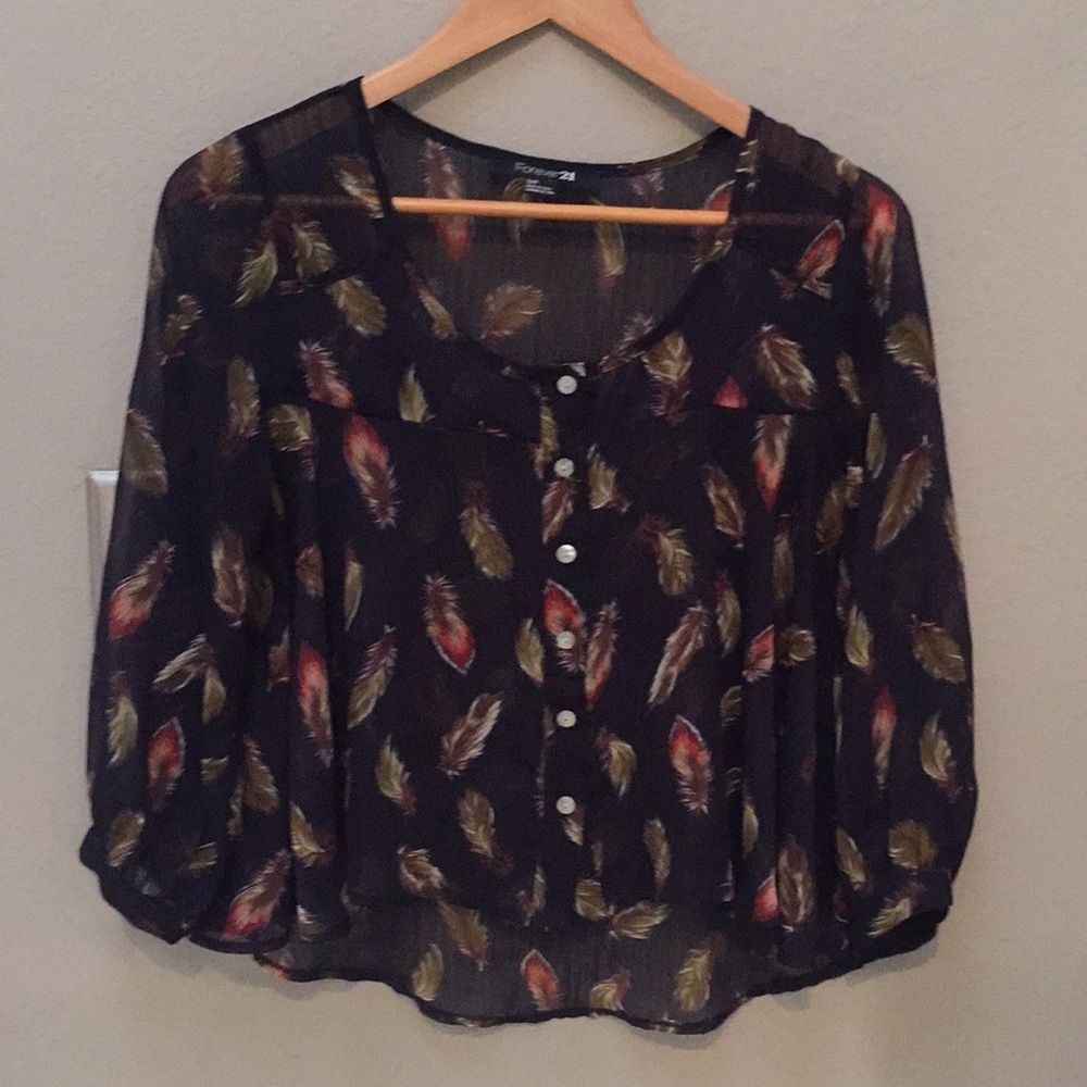 100% polyester‎ flared button down with feathers